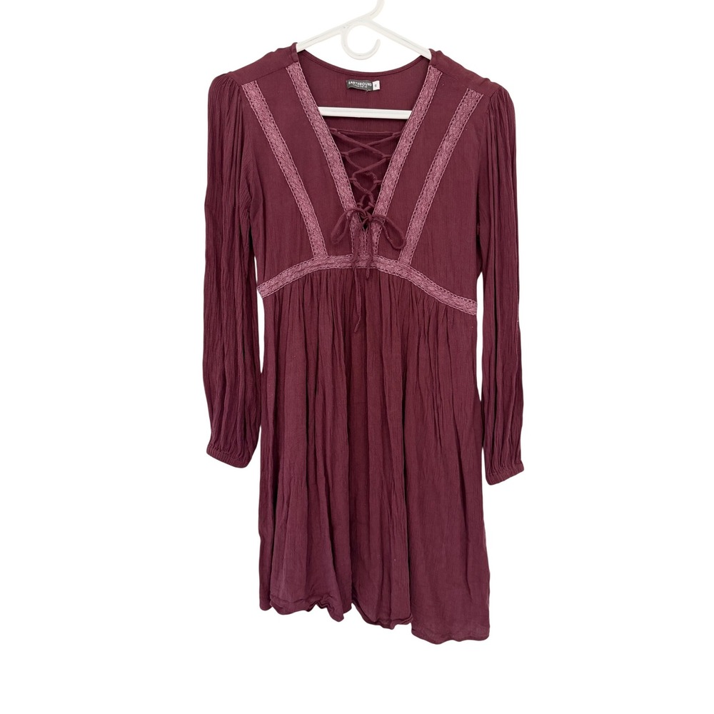 Earthbound Trading Co Burgundy Lace Up Boho Gauze Mini Dress Small‎ Wine Red